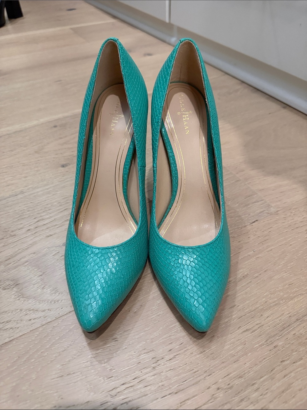 Cole Haan Teal Faux-Snakeskin Pointed-Toe Pumps